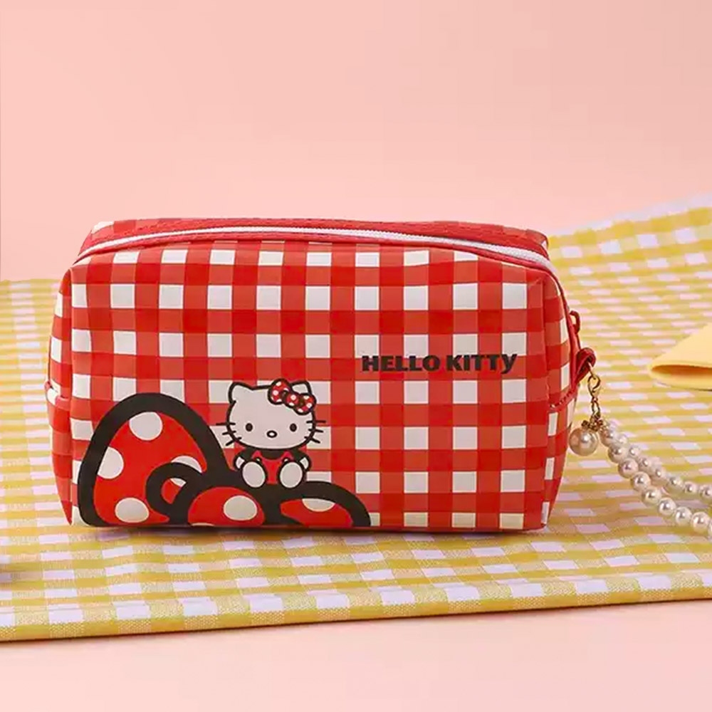 헬로키티 체크무늬 파우치 레드