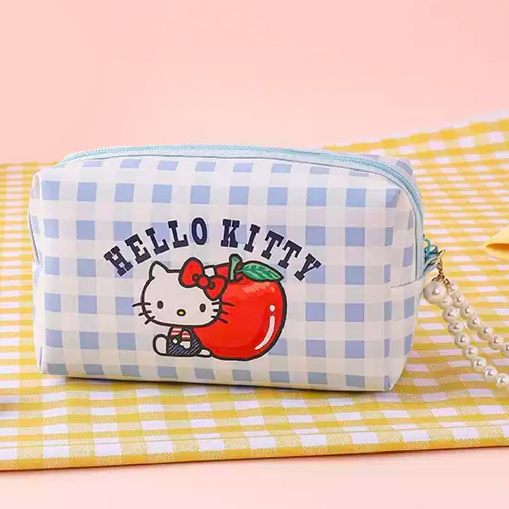 헬로키티 체크무늬 파우치 블루